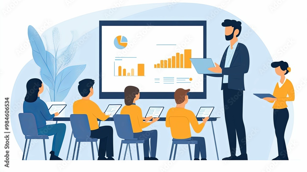 A Business Presentation with a Speaker, Audience, and Charts A Business Presentation with a Speaker, Audience, and Charts