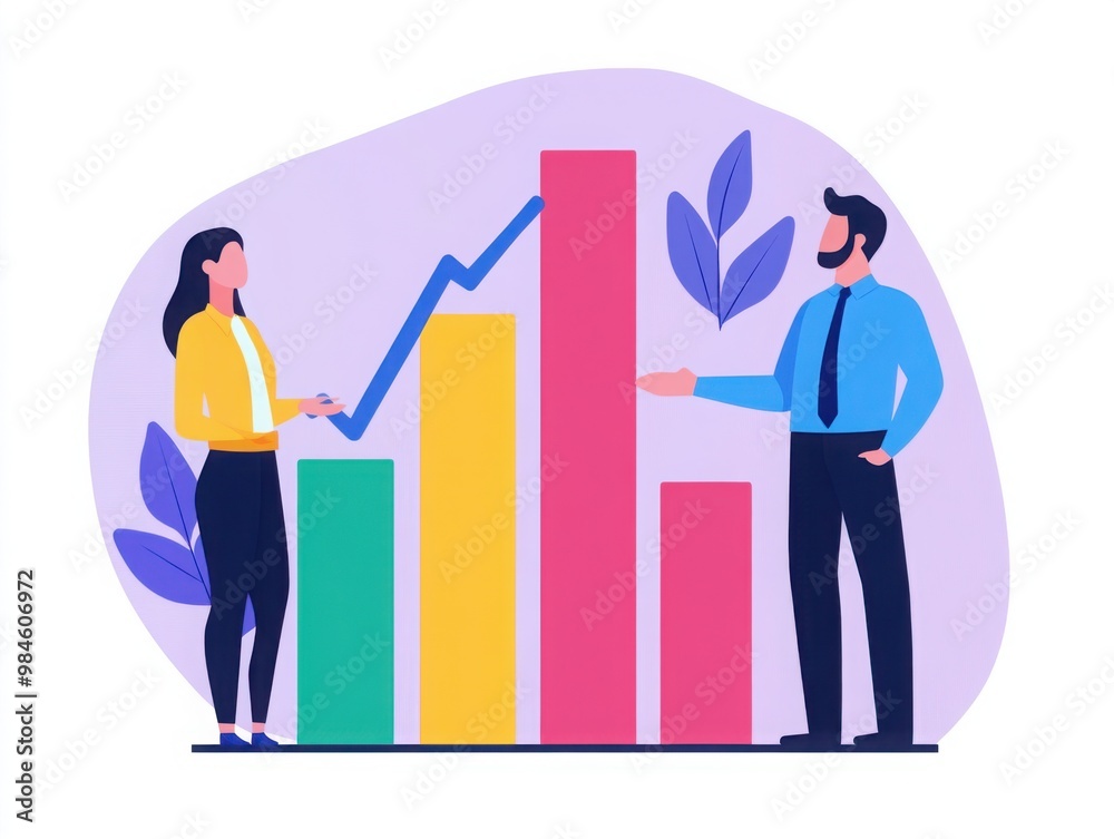 A colorful illustration showing a woman and a man discussing bar graphs, highlighting data analysis and business growth. A colorful illustration showing a woman and a man discussing bar graphs, highlighting data analysis and business growth.