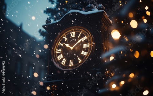 Snow-covered clock tower lit up at dusk, with snowflakes falling softly, symbolizing the passing of time during the holiday season. Happy New Year. photo