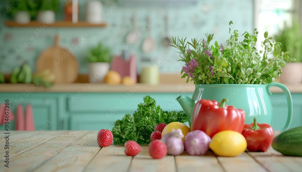 A vibrant kitchen with fresh produce on the wooden table, capturing the essence of home-cooked meals and healthy living. A vibrant kitchen with fresh produce on the wooden table, capturing the essence of home-cooked meals and healthy living.