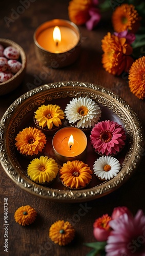 Traditional Diwali setting with candles, flowers, and sweets.