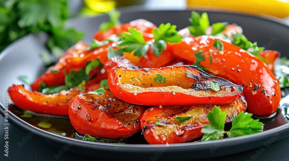 Colorful Vegetable Salad with Fresh Tomatoes and Bell Peppers on Black Plate Colorful Vegetable Salad with Fresh Tomatoes and Bell Peppers on Black Plate