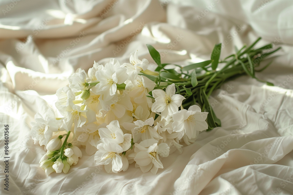 A beautiful bouquet of fresh white matthiola flowers on a soft bed A beautiful bouquet of fresh white matthiola flowers on a soft bed