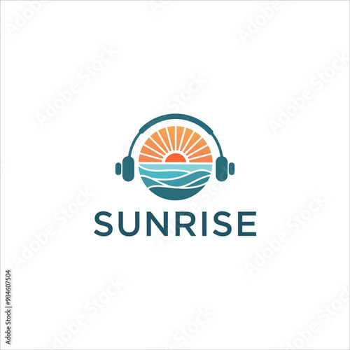 Podcast morning logo design. Sunrise wave beach design template