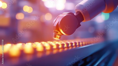 Robotic arm inspecting a product on a factory conveyor belt, automated quality control, advanced manufacturing photo