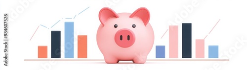 A cute piggy bank stands in front of colorful graphs, symbolizing savings and financial growth.