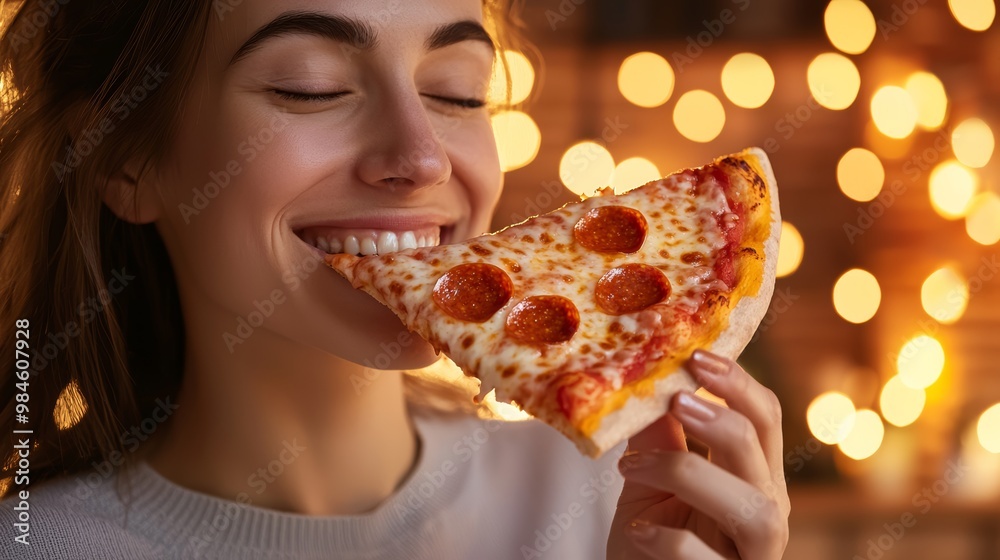 A woman savoring the perfect pizza slice with a warm smile, surrounded by cozy ambient lighting. A woman savoring the perfect pizza slice with a warm smile, surrounded by cozy ambient lighting.