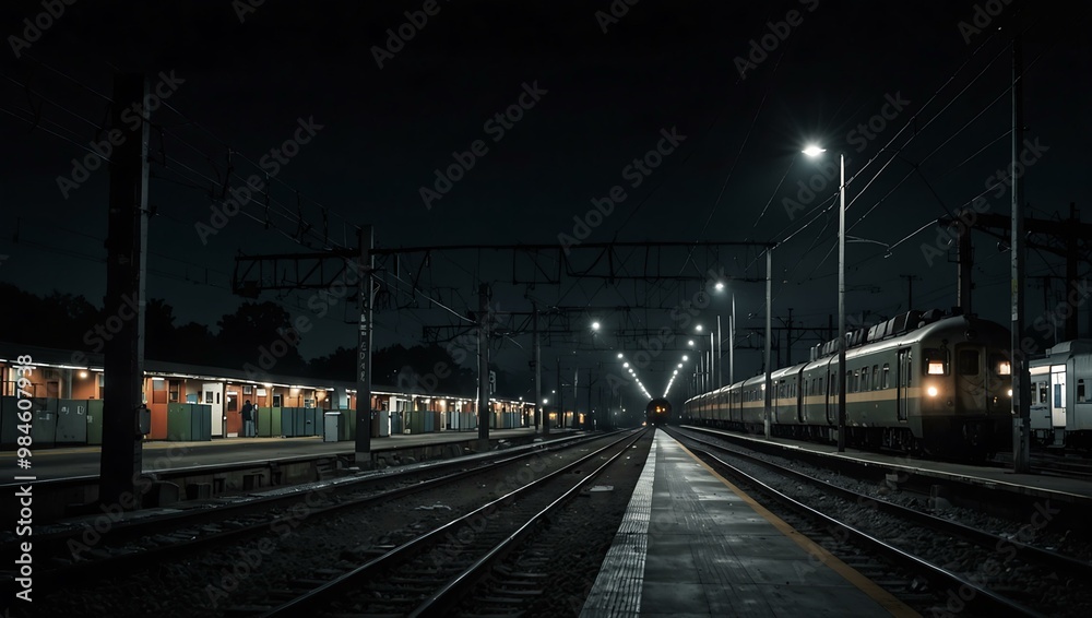 Train rolling into a station at night on railway tracks. Train rolling into a station at night on railway tracks.