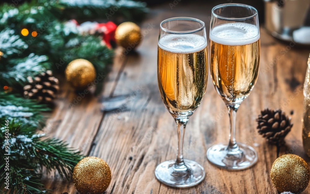 Champagne glasses filled with sparkling wine on snow with bokeh lights in the background, symbolizing festive celebration. Merry Christmas and Happy New Year. Champagne glasses filled with sparkling wine on snow with bokeh lights in the background, symbolizing festive celebration. Merry Christmas and Happy New Year.