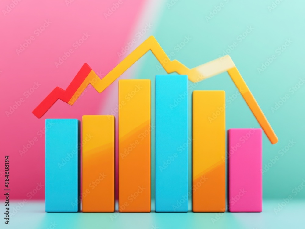 A colorful bar graph represents data trends, with a line chart overlay suggesting fluctuations and growth. A colorful bar graph represents data trends, with a line chart overlay suggesting fluctuations and growth.
