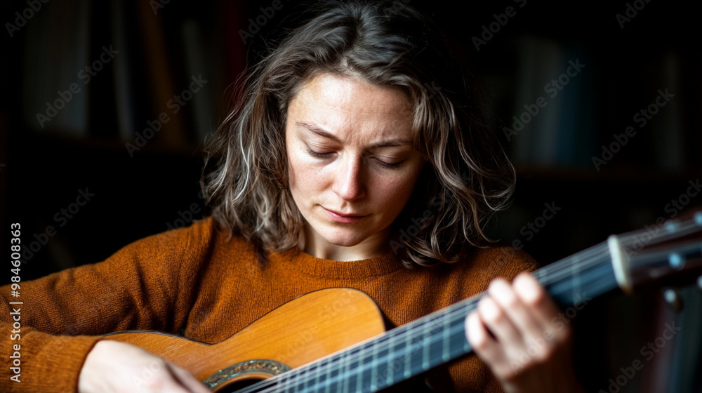 Fototapeta premium Focused woman playing acoustic guitar in a cozy setting