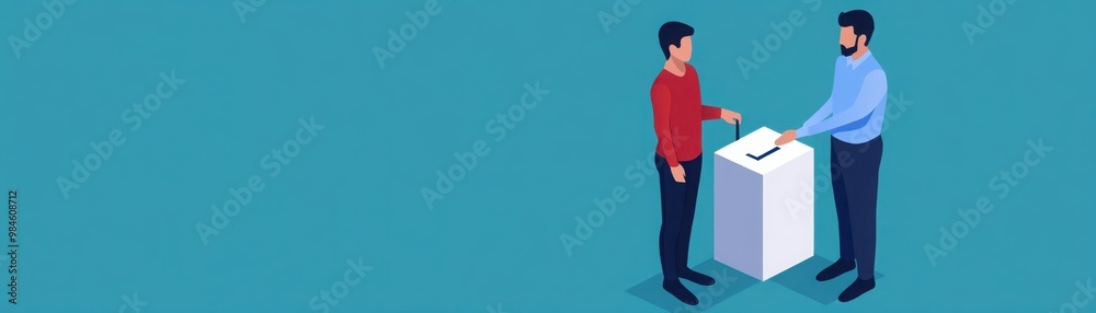 Obraz premium Two men exchanging a ballot at a polling station, symbolizing participation in elections and civic engagement.