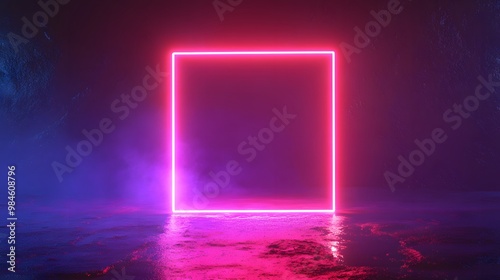 3d render, abstract geometric background with neon square frame glowing with gradient light in the dark. Futuristic showcase for product presentation