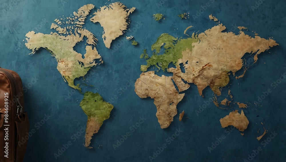 Travel items on a blue surface with a world map backdrop. Travel items on a blue surface with a world map backdrop.
