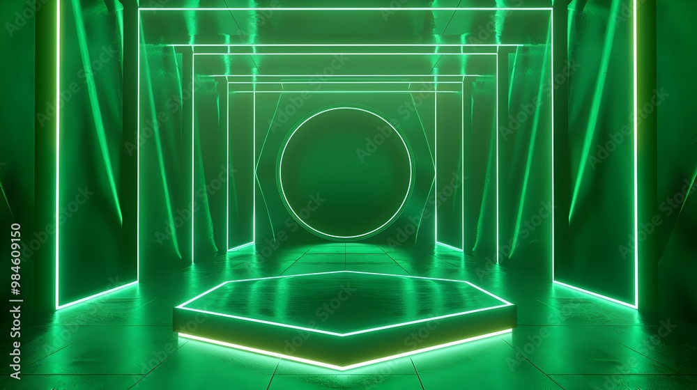 Vibrant Neon Green Geometric Pattern with Central Illuminated Platform for Product Concept Showcase Vibrant Neon Green Geometric Pattern with Central Illuminated Platform for Product Concept Showcase