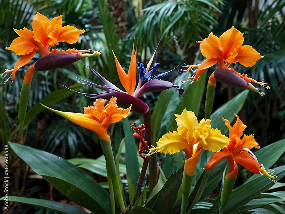 Tropical flowers like orchids and birds of paradise creating a lively display. Tropical flowers like orchids and birds of paradise creating a lively display.