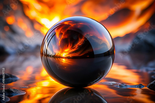 A large, shiny, black ball is floating in a body of water. The water is reflecting the sun, creating a warm, glowing atmosphere