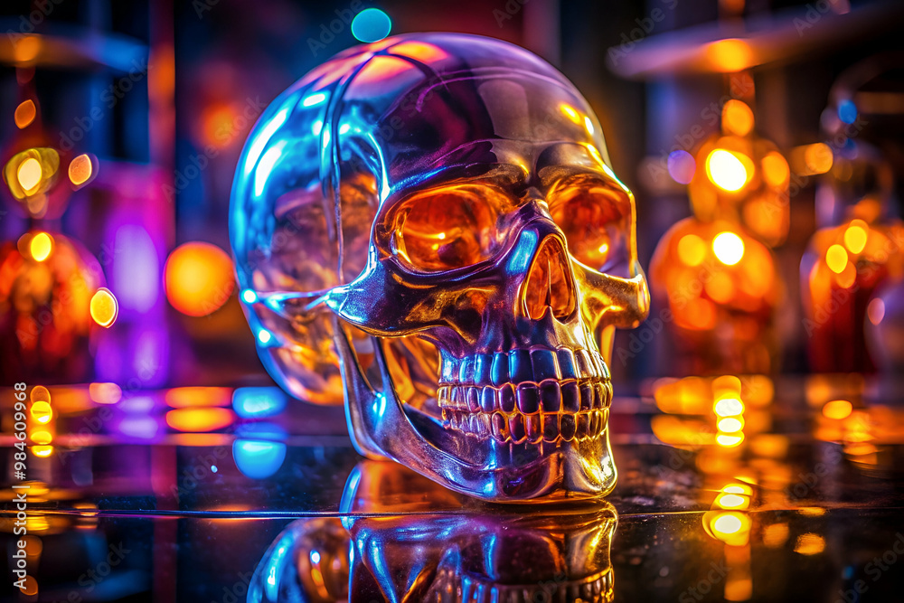 A silver skull is sitting on a table with a colorful background. The skull is surrounded by a variety of bottles, some of which are lit up, creating a vibrant and eye-catching display A silver skull is sitting on a table with a colorful background. The skull is surrounded by a variety of bottles, some of which are lit up, creating a vibrant and eye-catching display