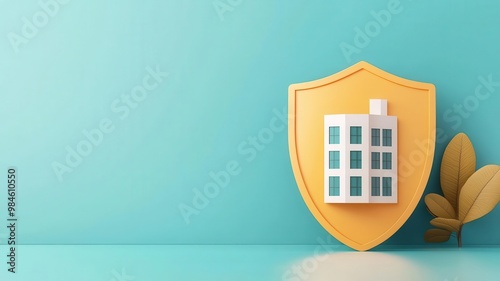 Business insurance policy, with office building and shield, 3D illustration, copy space for text, photo