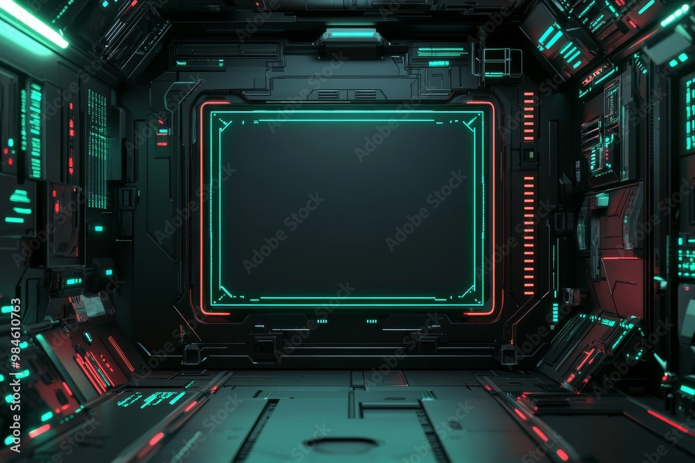 Fototapeta premium Immerse yourself in a sleek, cyberthemed interface with vibrant neon elements, ideal for gamers and streamers. Create captivating virtual displays that enhance your gaming and streaming experiences