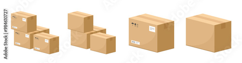 Carton delivery boxes pile stack icon 3d vector and cardboard single cut out isolated paper brown package parcel graphic illustration set, cargo freight mail isometric template image clip art   

