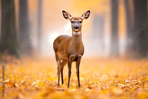 A lone deer standing silently among the trees, its breath visible in the cool autumn air, surrounded by fog and golden leaves