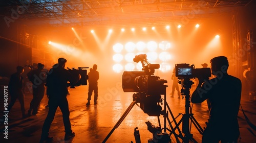 commercial video film movie making lighting set professional studio production big working people silhouette scenes behind television camera motion picture equipment crew photo light