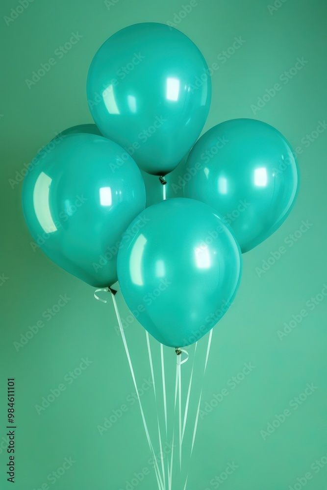 Aerial view of cyan balloons on a solid green background, providing ample text space. Aerial view of cyan balloons on a solid green background, providing ample text space.