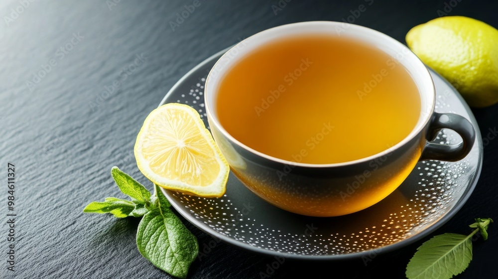 Fresh Lemon Tea with Mint and Lemon Slice on Plate Fresh Lemon Tea with Mint and Lemon Slice on Plate