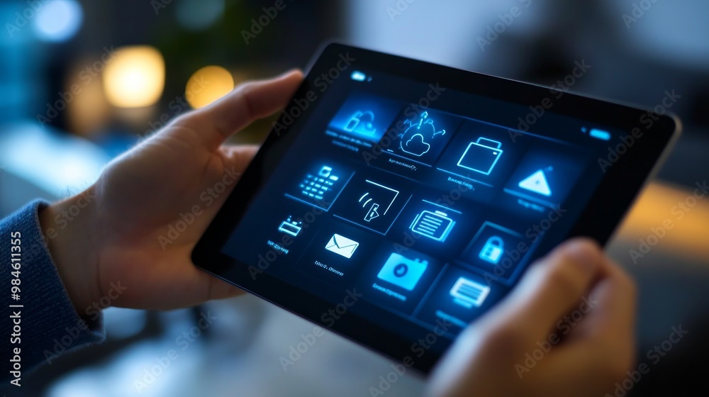 grabbing a tablet computer that runs an online home automation system or a smart energy controller so you can control your house from a distance. All images on screens are created artificially.