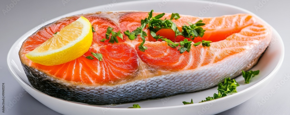 Fresh Salmon Fillet with Lemon and Herbs on Plate Fresh Salmon Fillet with Lemon and Herbs on Plate