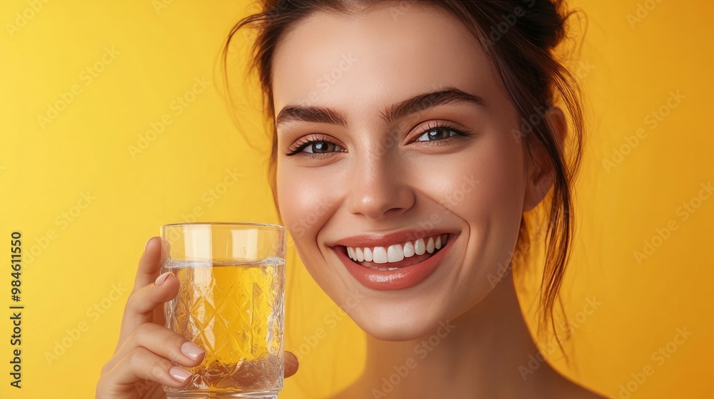 Contented woman in headshot, sipping water, glancing at the camera, taking her daily vitamin supplement that strengthens and beautifies her skin, hair, and nails, as well as prescription medications f Contented woman in headshot, sipping water, glancing at the camera, taking her daily vitamin supplement that strengthens and beautifies her skin, hair, and nails, as well as prescription medications f