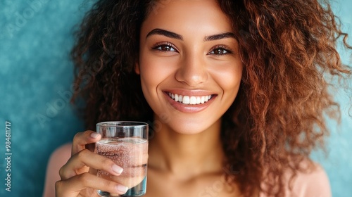 Contented woman in headshot, sipping water, glancing at the camera, taking her daily vitamin supplement that strengthens and beautifies her skin, hair, and nails, as well as prescription medications f photo