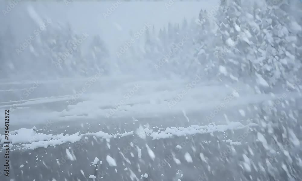 Winter's Fury: A blizzard rages, blanketing a desolate road and snow