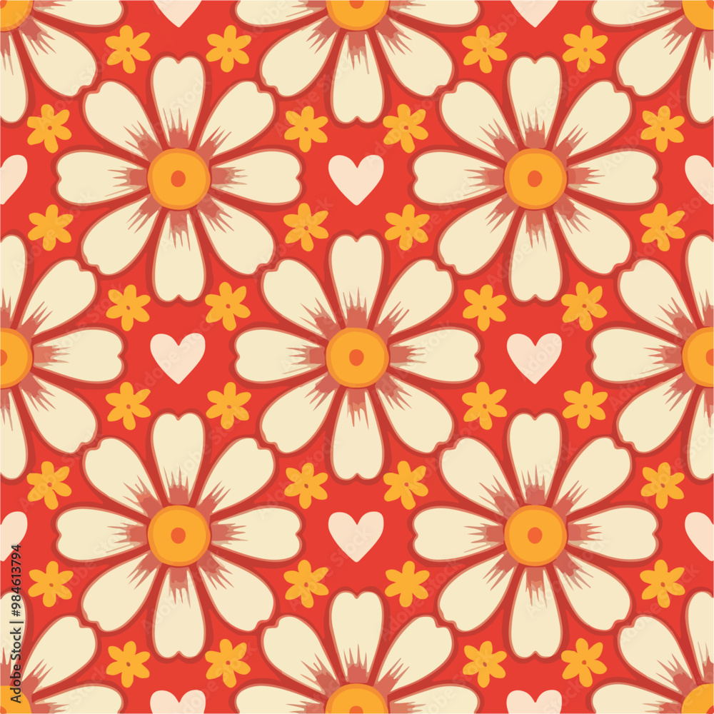 Joyful Red Background with Large White Flowers and Yellow Centers Joyful Red Background with Large White Flowers and Yellow Centers