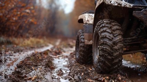 Muddy ATV Parked Near Trail with Dirt Tracks in Outdoor Autumn Landscape