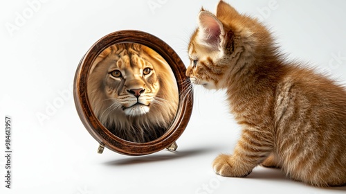 A Ginger Kitten Gazing at a Lion's Reflection in a Round Mirror photo