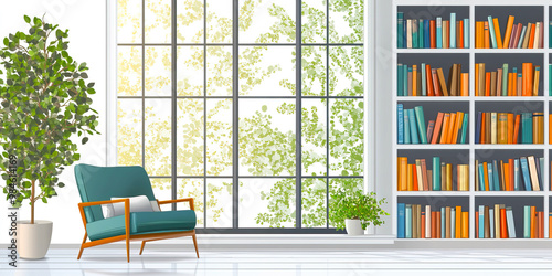 Illustration Home library with bookshelves on the wall, panoramic windows..