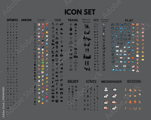 sports,arrow,game,farm,travel,spa,web,notebook,flat,galaxy,leaves,mail and wedding icons vector design