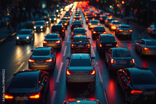 Busy city street at night with a line of taxi cabs stuck in traffic congestion. Bright automotive lights illuminate the road and wheels of each car.