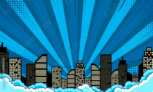Blue comic background with cityscape silhouette