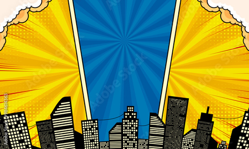 Colorful comic background with cityscape illustration