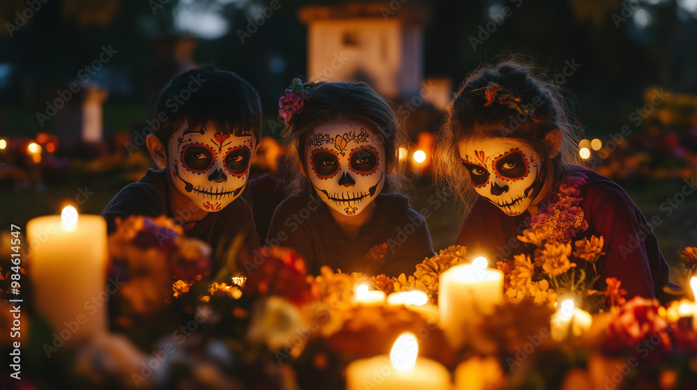 Children with painted skull faces playing around a traditional graveyard lit by candles, surrounded by flowers, festival, modern style Children with painted skull faces playing around a traditional graveyard lit by candles, surrounded by flowers, festival, modern style