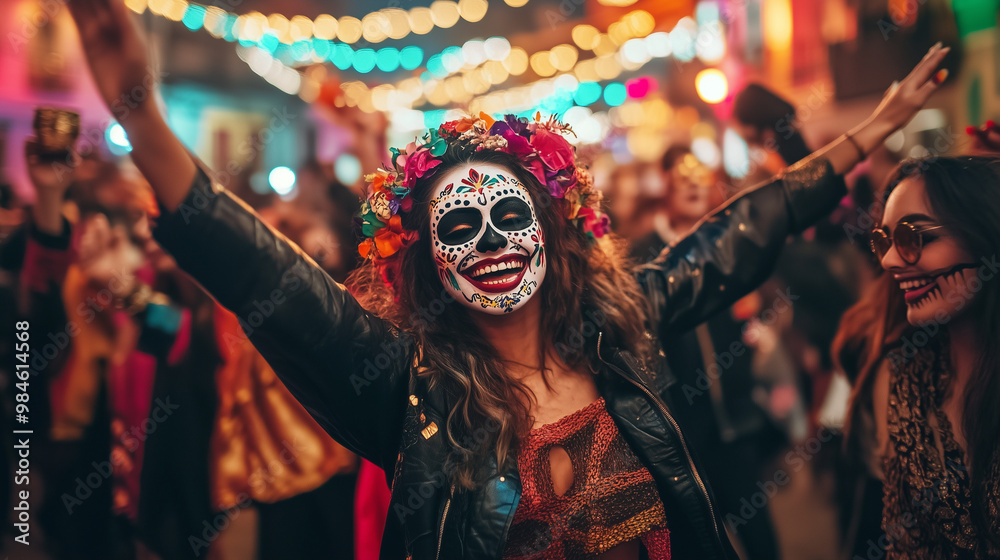 A group of friends in modern clothes with intricate Catrina face paint, dancing in the streets under festive string lights, festival, modern style A group of friends in modern clothes with intricate Catrina face paint, dancing in the streets under festive string lights, festival, modern style