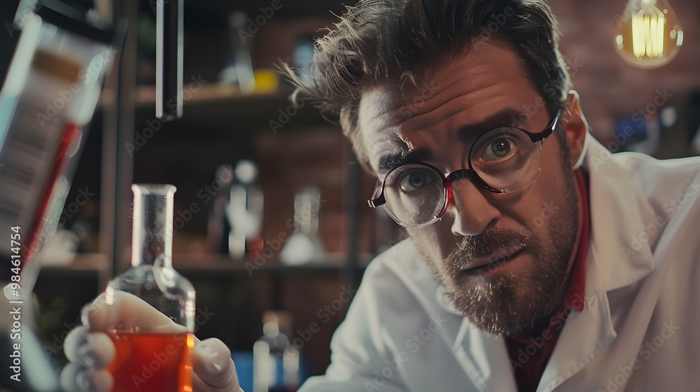 Curious Scientist Examining Test Tube in Laboratory with Contemplative Gaze Curious Scientist Examining Test Tube in Laboratory with Contemplative Gaze