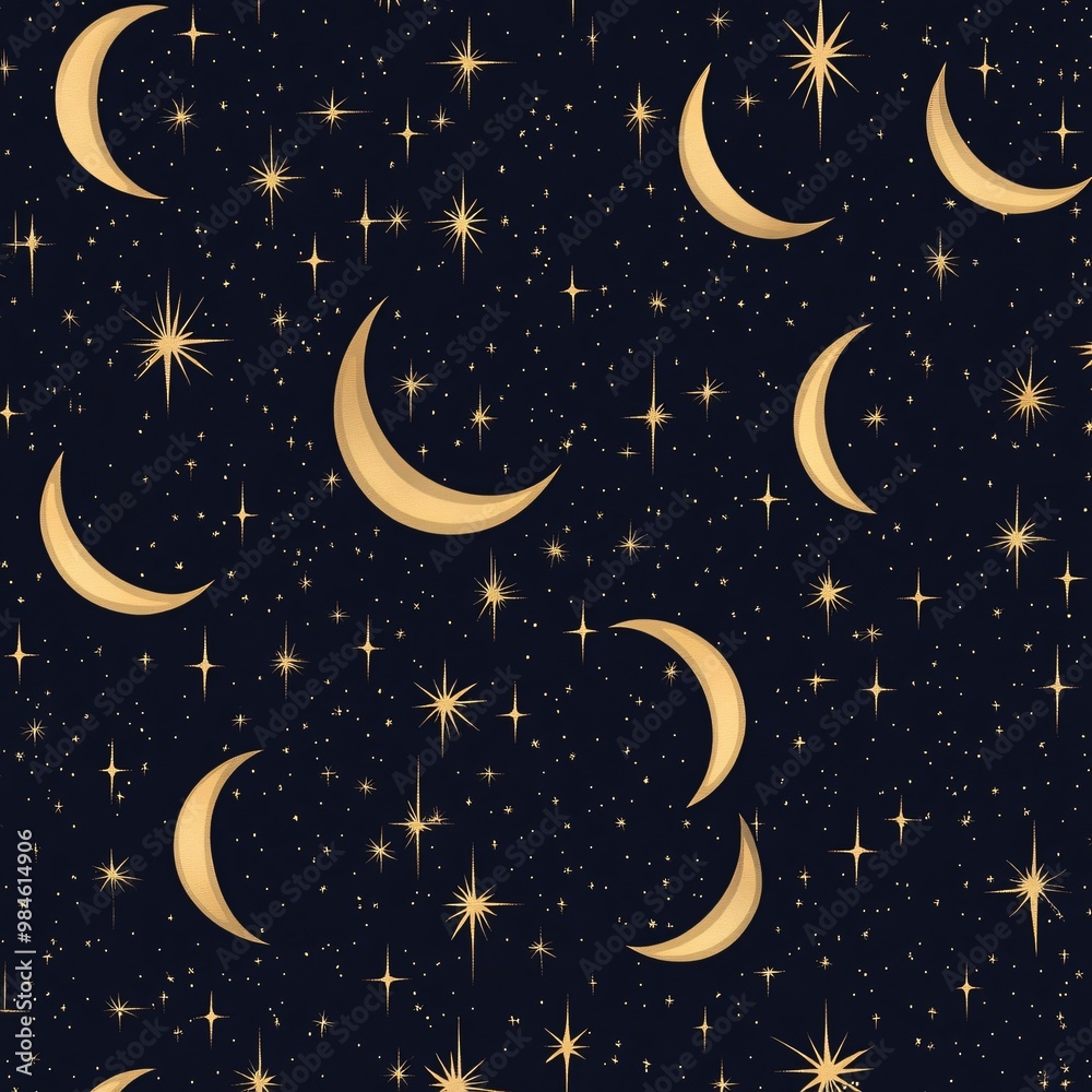 Naklejka premium Celestial Magic - Seamless Pattern of Golden Stars and Crescent Moons on Dark Starry Sky Background for Luxury Branding