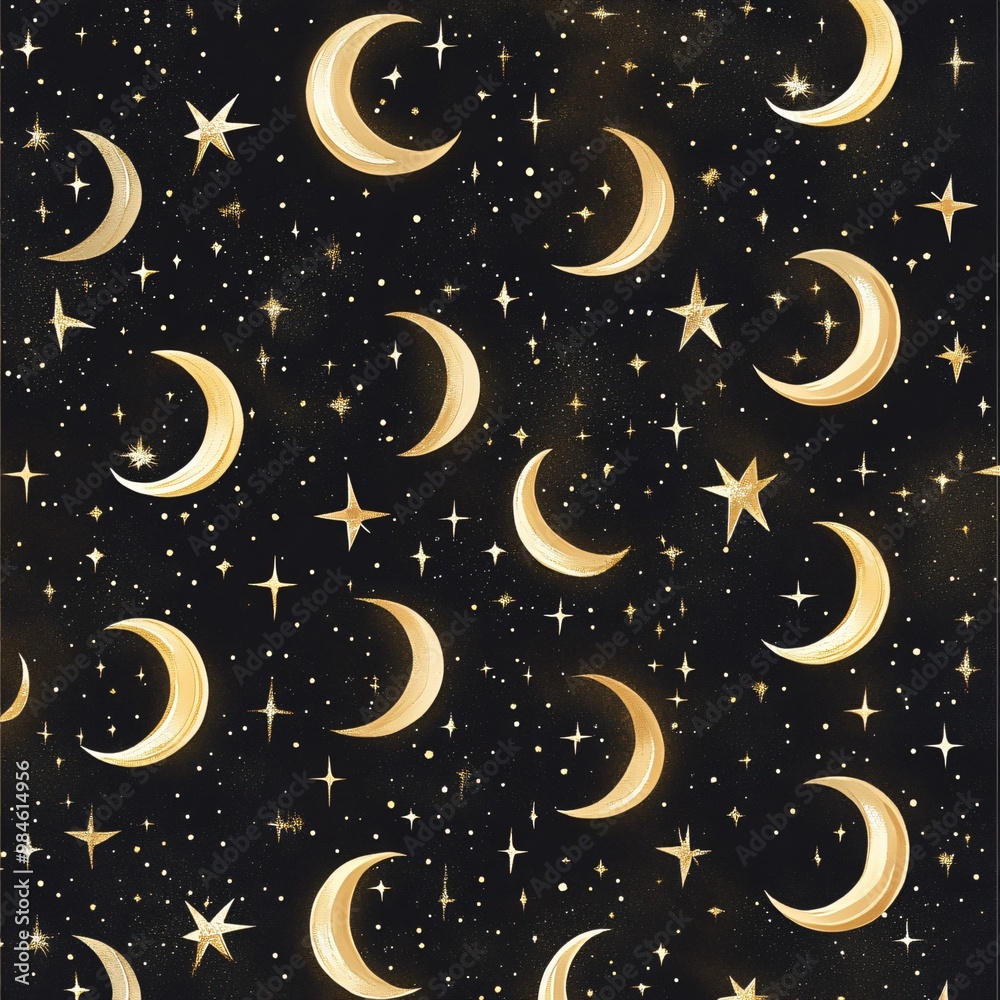 Celestial Mystical Golden Stars and Moons Seamless Pattern on Dark Background - Perfect for Luxury Branding and Textiles Celestial Mystical Golden Stars and Moons Seamless Pattern on Dark Background - Perfect for Luxury Branding and Textiles