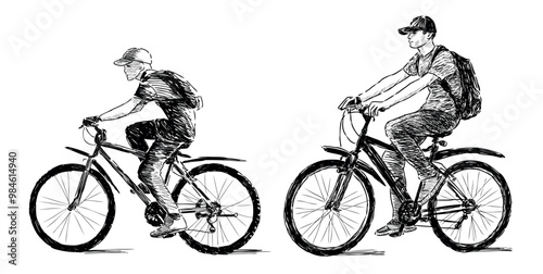 Sketches of teen boys with backpacks riding bicycles on summer day, side view, realistic hand drawin vector illustration