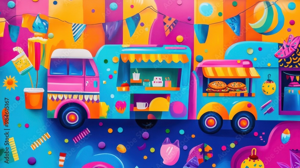 Vibrant and Colorful Street Food Trucks Festival Scene Vibrant and Colorful Street Food Trucks Festival Scene