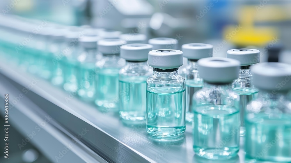 Automated assembly line of medical vials in a high-tech pharmaceutical facility, showcasing large-scale drug production, medical ampoules, pharmaceutical manufacturing Automated assembly line of medical vials in a high-tech pharmaceutical facility, showcasing large-scale drug production, medical ampoules, pharmaceutical manufacturing
